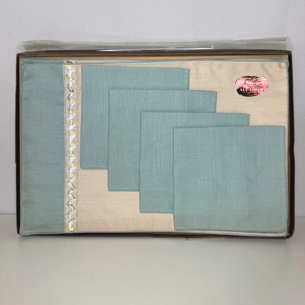 MODERN LIVING Vtg MCM Linen Napkins Placemats Set of 4 Nib But Dirty Teal Cream